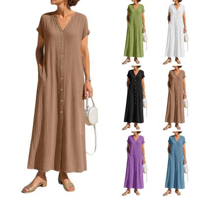 Women's Fashion Loose Solid Color Cotton And Linen V-Neck Pocket Casual Dresses