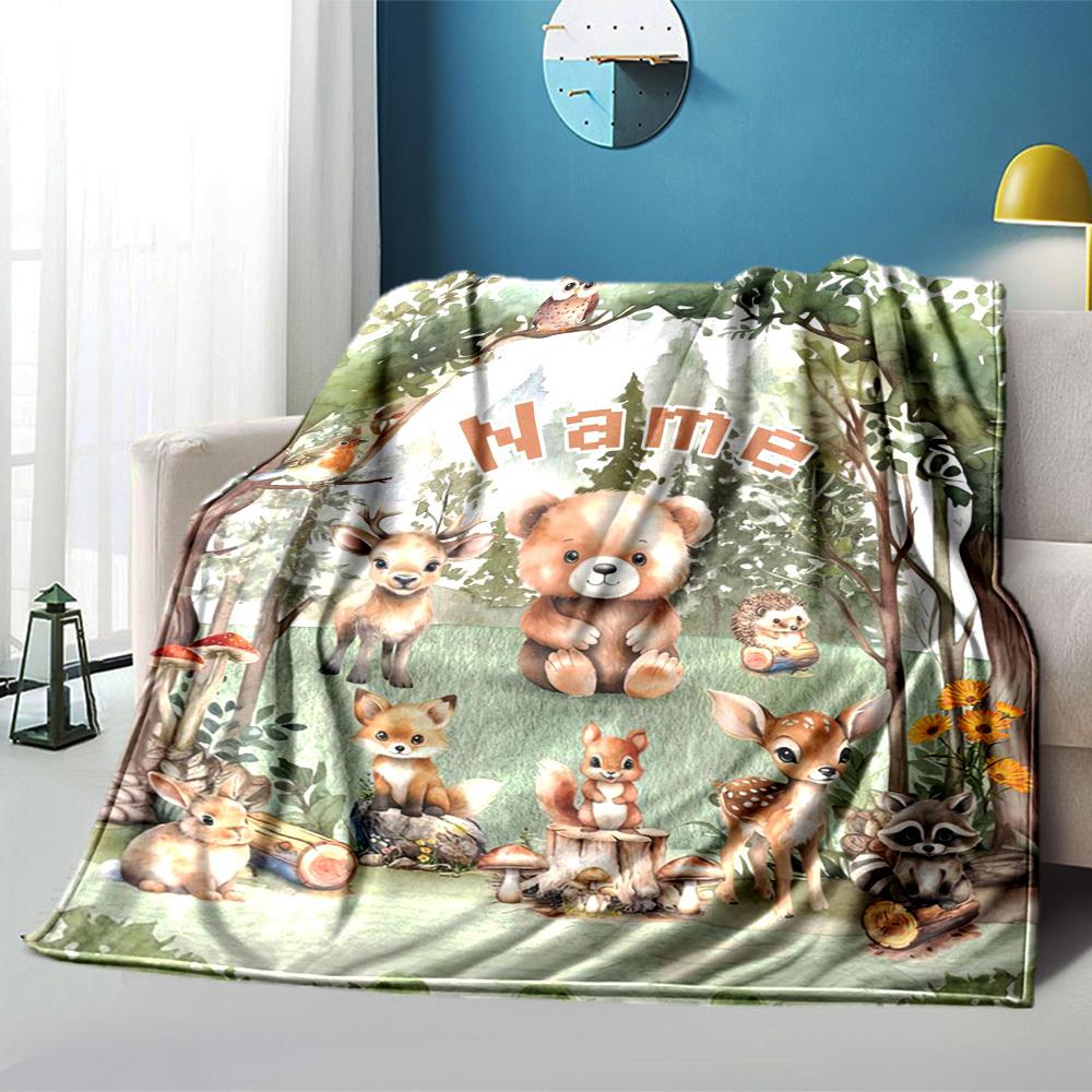 Woodland Animals Theme Home Customize Your Name Blankets Comfortable Soft Lightweight Multiseasonal Blanket For Picnics Sofas Offices Beds Living