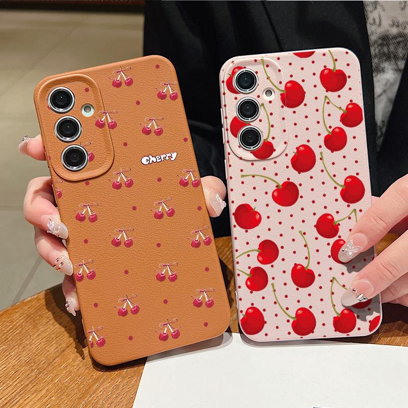 Cherry Fruits Print Case For Samsung S26 S25 Ultra S24 S23 S22 S21 FE A15 A35 A55 A16 A36 A56 A17 A18 A37 A57 5G Leather Texture Soft Cover