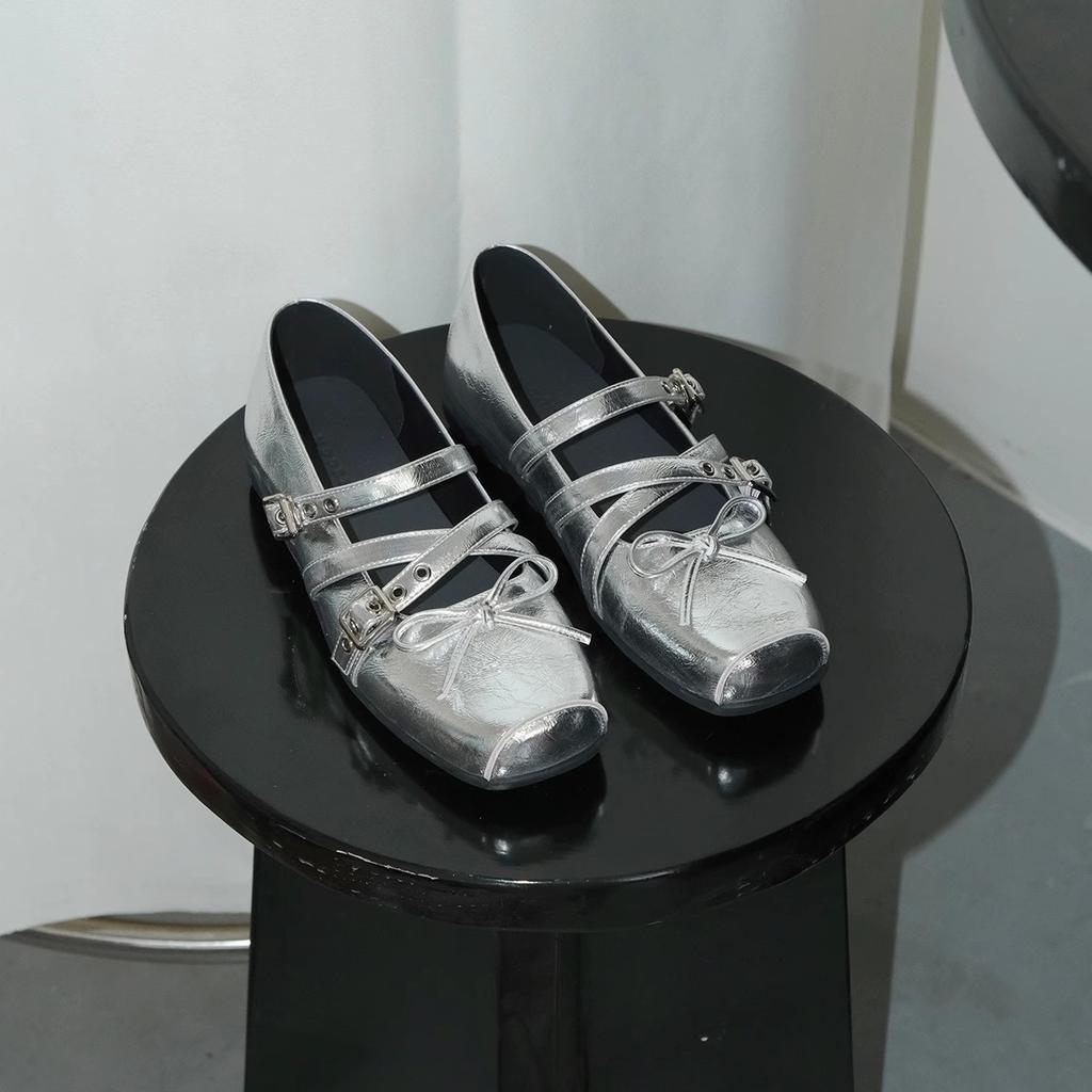 Metallic Bow Knot Cross Strap Mary Jane Flats Women's Square Toe Casual Shoes