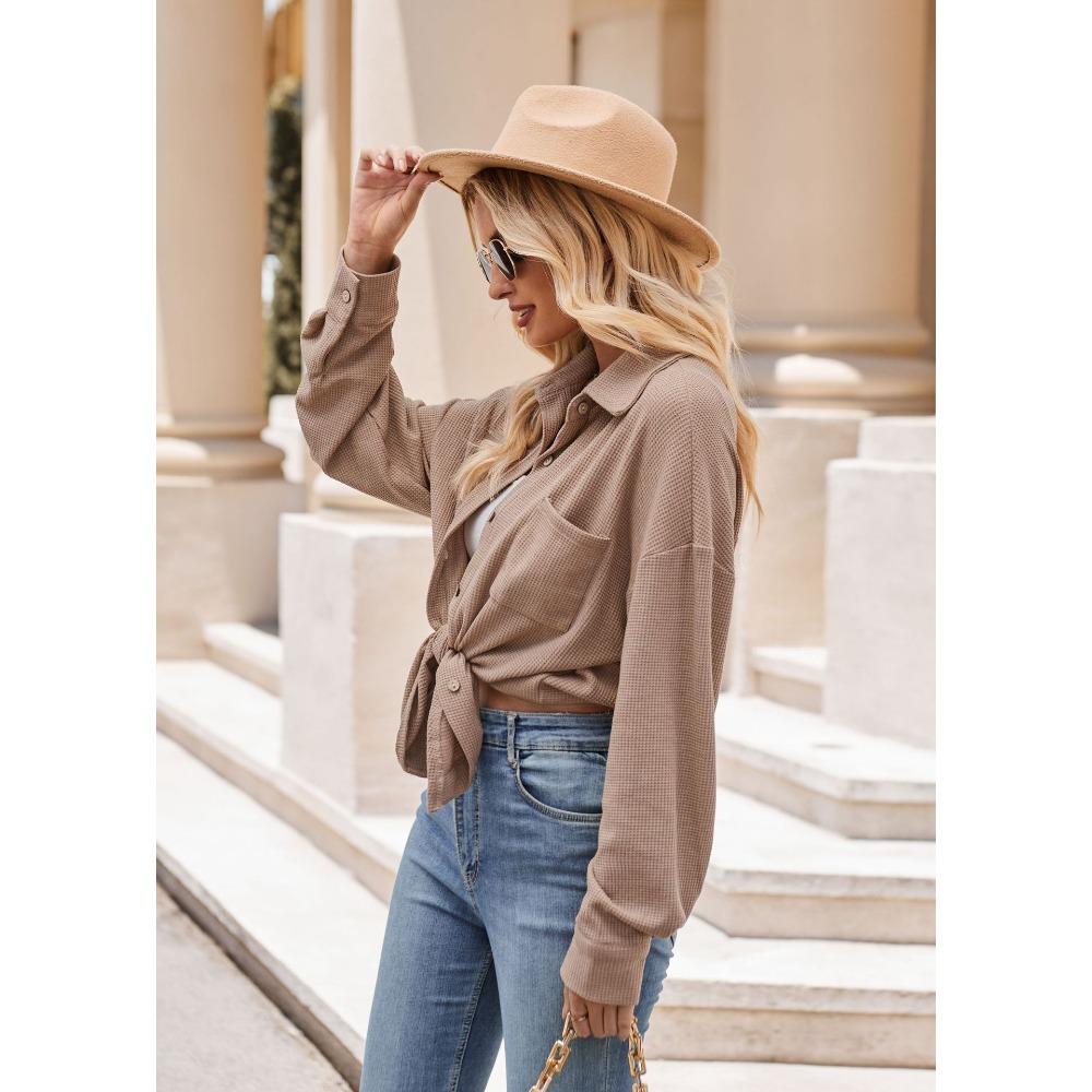 Autumn and Winter Casual Loose Pocket Waffle Fashion Women's Blouses & Shirts