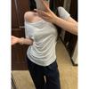 Striped American striped slanted shoulder short-sleeved t-shirt women's summer sweet and spicy style slim and thin versatile top