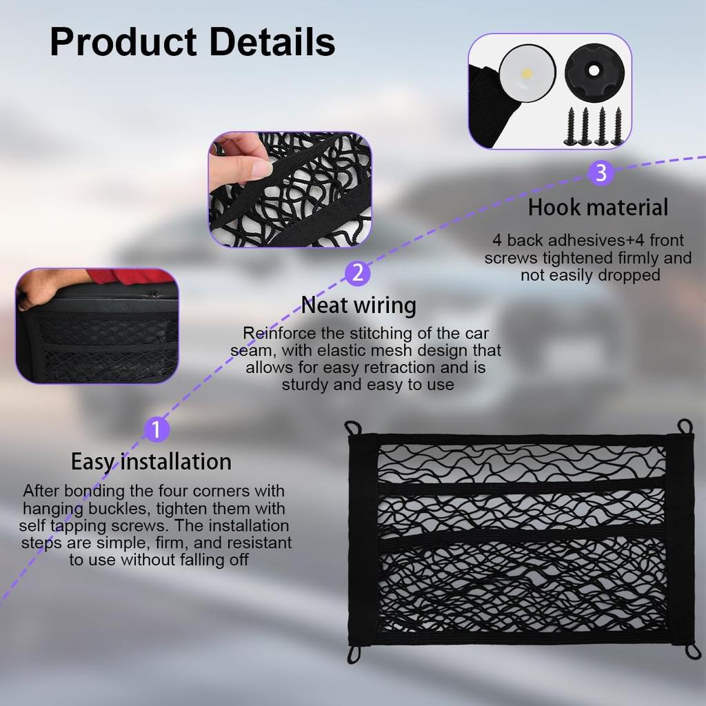 HZEL Car Mesh Cargo Net, 2PCS Elastic Vehicle Trunk Storage Netting with Screws, Automotive Interior Wall Sticker Organizer Pouch Bag Accessories,