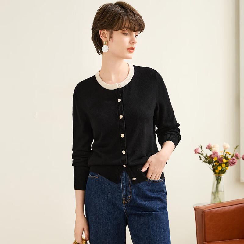 

TUHUANG Women s Pure Wool Color Block Round Neck Cardigan 2XL