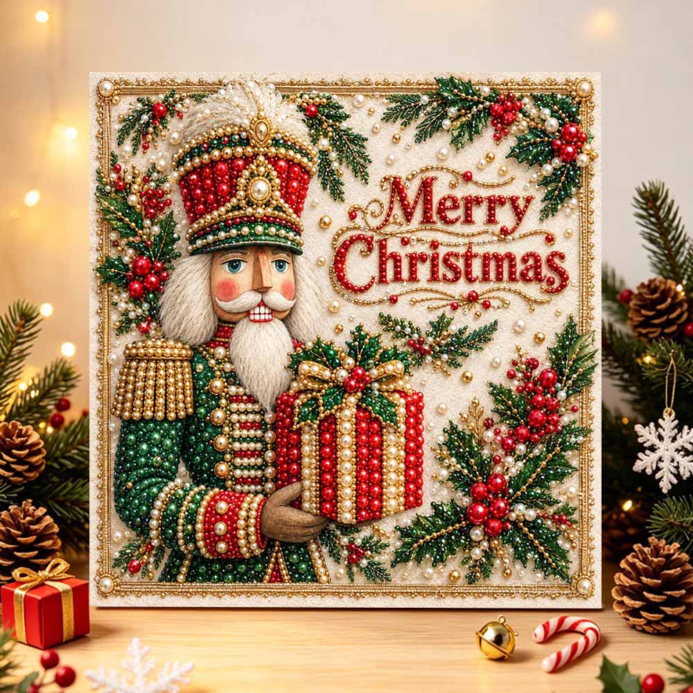 Nutcracker Merry Christmas Pearl Bead Art with Frame 3D Sparkling Canvas Painting Home Wall Decor and Creative Gift for Girls Room Decor