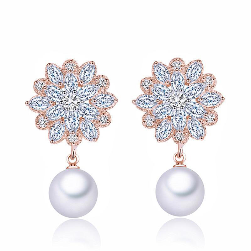 Bridal Earrings, Pearl Zircon Stud Jewelry