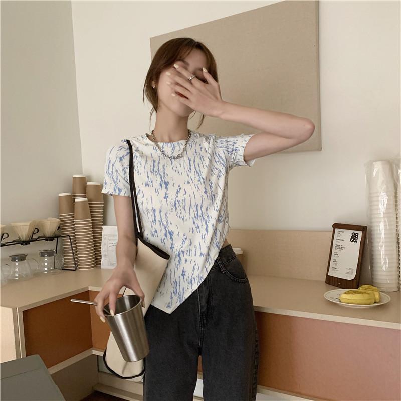 New Korean Style Slim and Slim Tie-dyed Top Irregular Slanted Fork Short-sleeved T-shirt for Women Ins Fashion