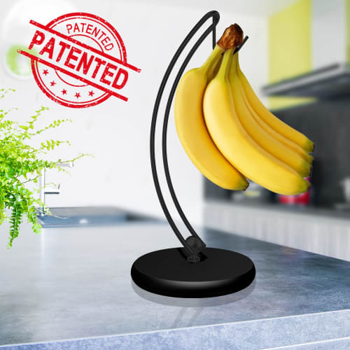 Signice Banana Holder Stand - Patented Modern Banana Tree Hanger with Wooden Base and Stainless Steel, Non-Toppling Banana Rack for Home Kitchen (Full
