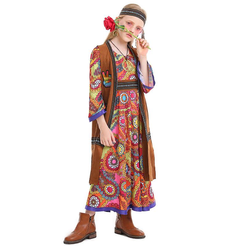 Kinder Mädchen Retro 70er Hippie Disco Sängerin Tänzerin Primitiver Stamm Blumenkleid Weste Set Land Halloween Cosplay Kostüme Outfit