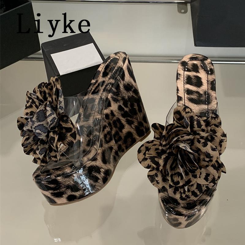 Fashion Liyke Sexy Leopard Print Platform High Heels Wedges Slippers For Woman Fashion Big Flowers Summer Transparent Sandal Female Shoe