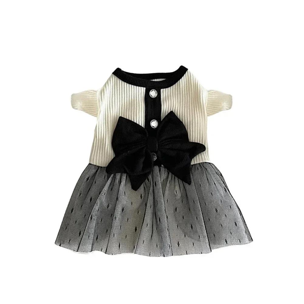 

Платье для маленьких собак, роскошная летняя одежда для щенков, юбка с бантом и кружевом, черно-белая футболка для собак, костюм для девочек, жилет для чихуахуа XS