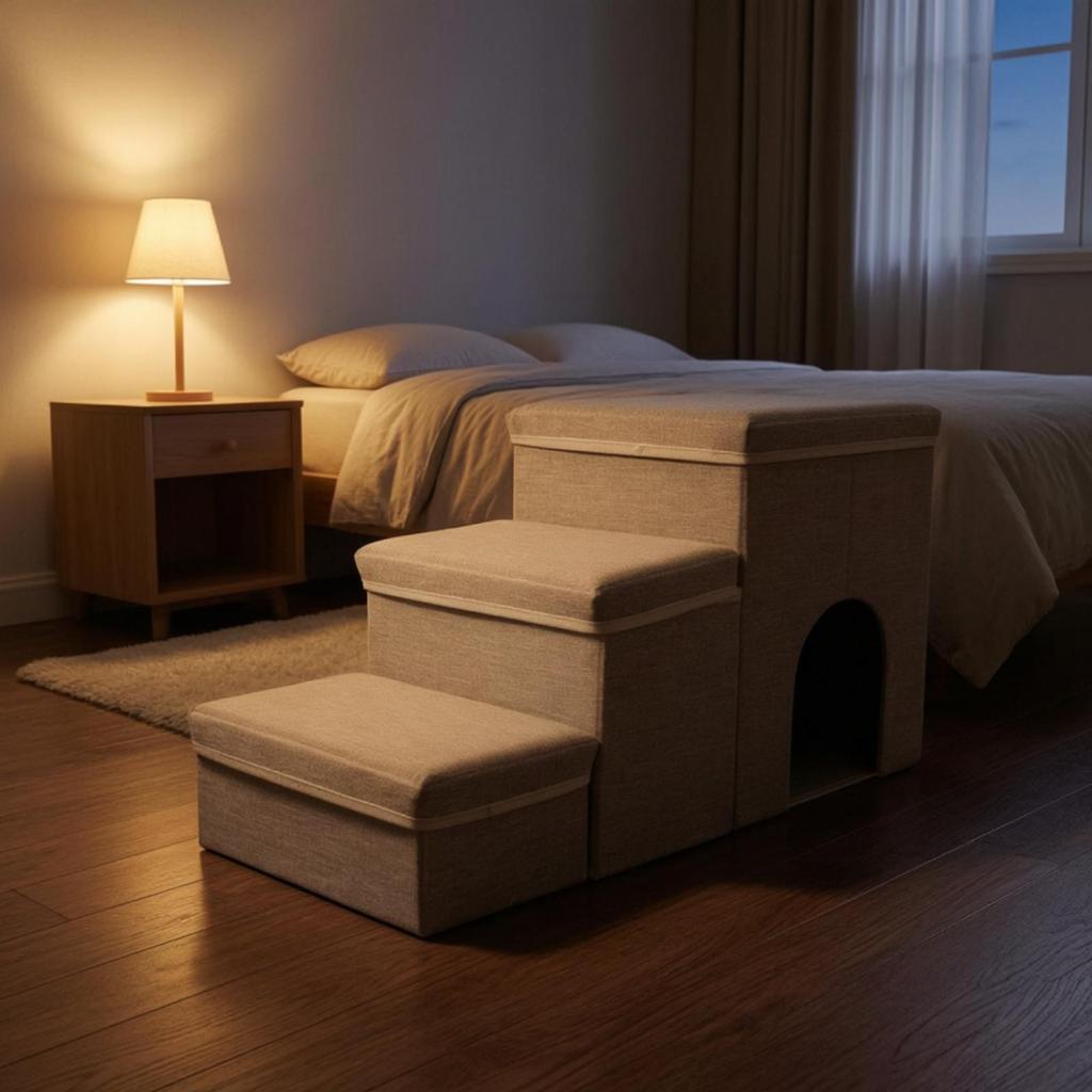 3-Step Pet Stairs Soft Steps with Den Cozy for Sofa, Living Room, Small Dogs