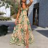 2025 Cross-Border Summer New European and American Women's Fashion Sexy Deep V-Neck Strap Dress Printed Sleeveless Slit Long Dress