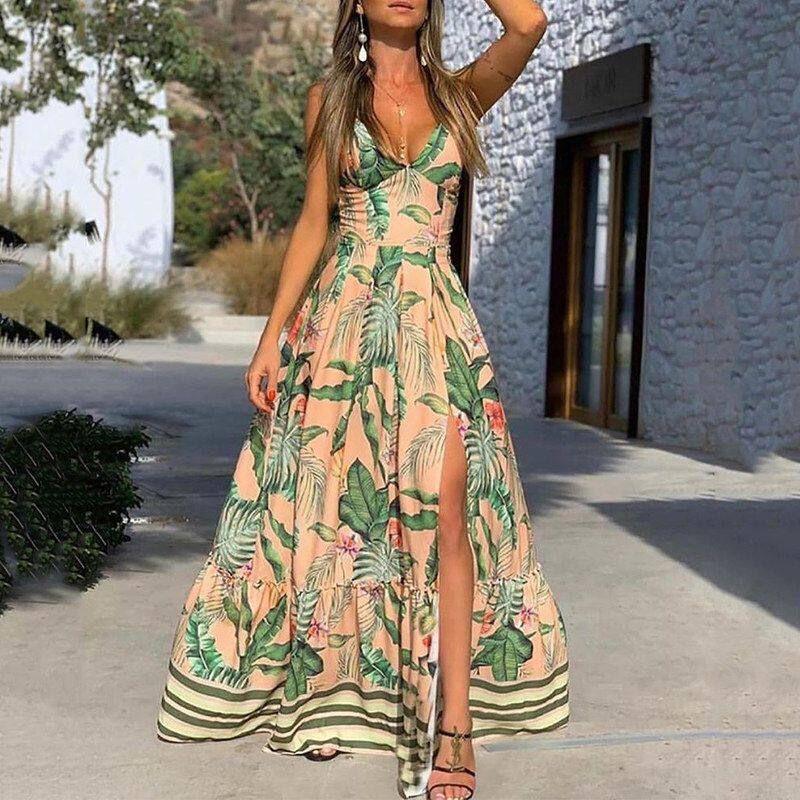 2025 Cross-Border Summer New European and American Women's Fashion Sexy Deep V-Neck Strap Dress Printed Sleeveless Slit Long Dress