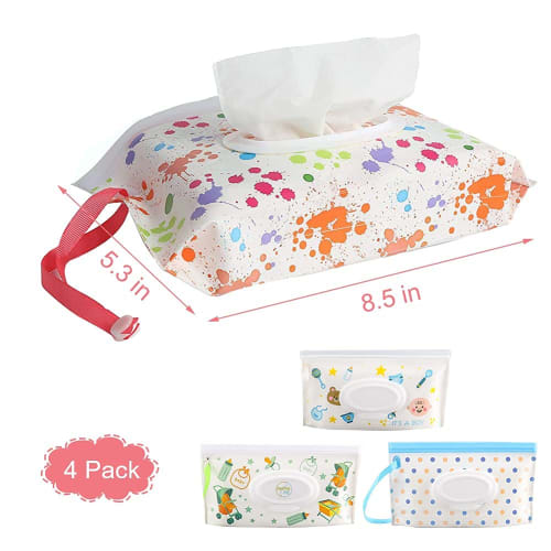 Set of 4 Portable Baby Wipe Bags with Flip Covers, Refillable and Portable, Lightweight, and Easy To Carry for Outdoor Activities, Travel, and Outings