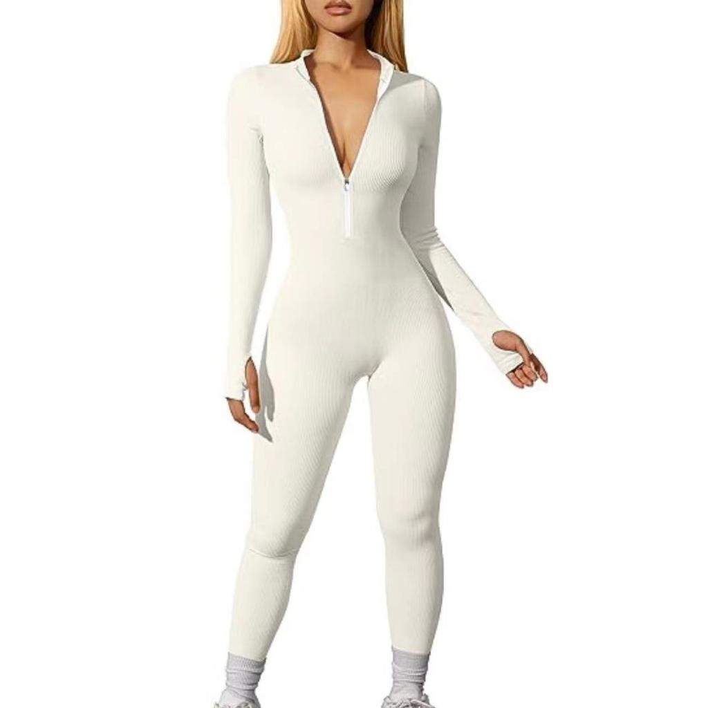 Women Long Sleeve Workout Jumpsuit Zip Up Romper Bottom Pants Bodysuit Bodycon Sexy Yoga Workout Ribbed Casual One Piece