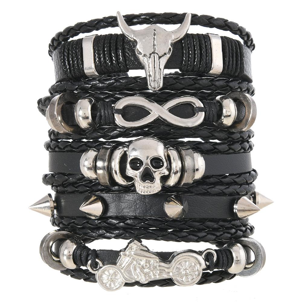 Men's Punk Skull Leather Bracelet Set Multi-Layer Gothic Rock Chain Bracelets Pentagram Charm Hip Hop Streetwear Badge Jewelry Accessories for Him