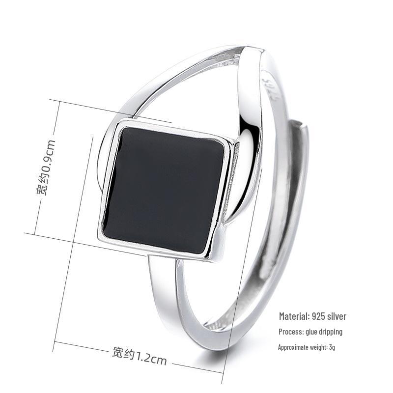 925 Sterling Silver Black Square Ring - Women's Retro Niche Design, Cool Style, Open Adjustable for Index Finger