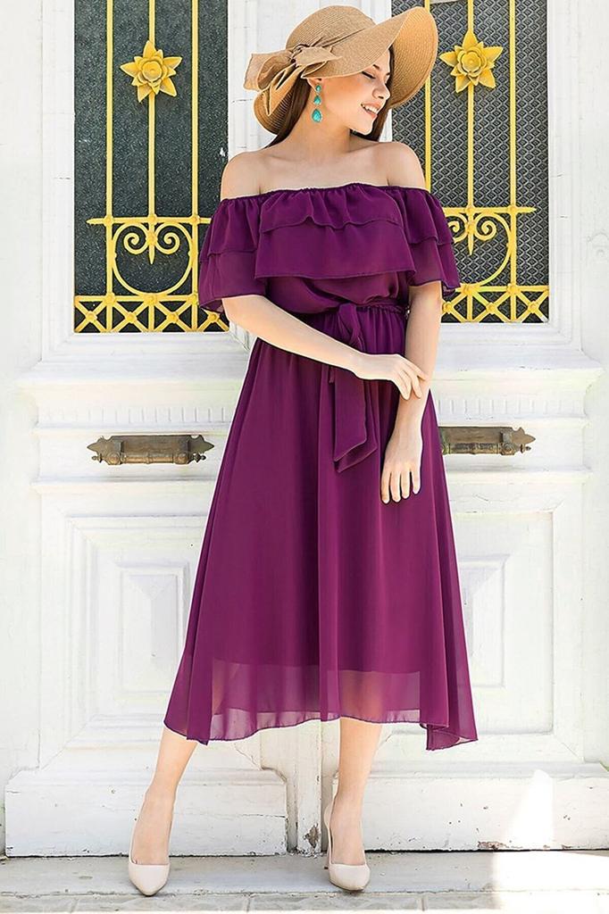 Women's Big Size Dress Carmen Collar Chiffon Dress