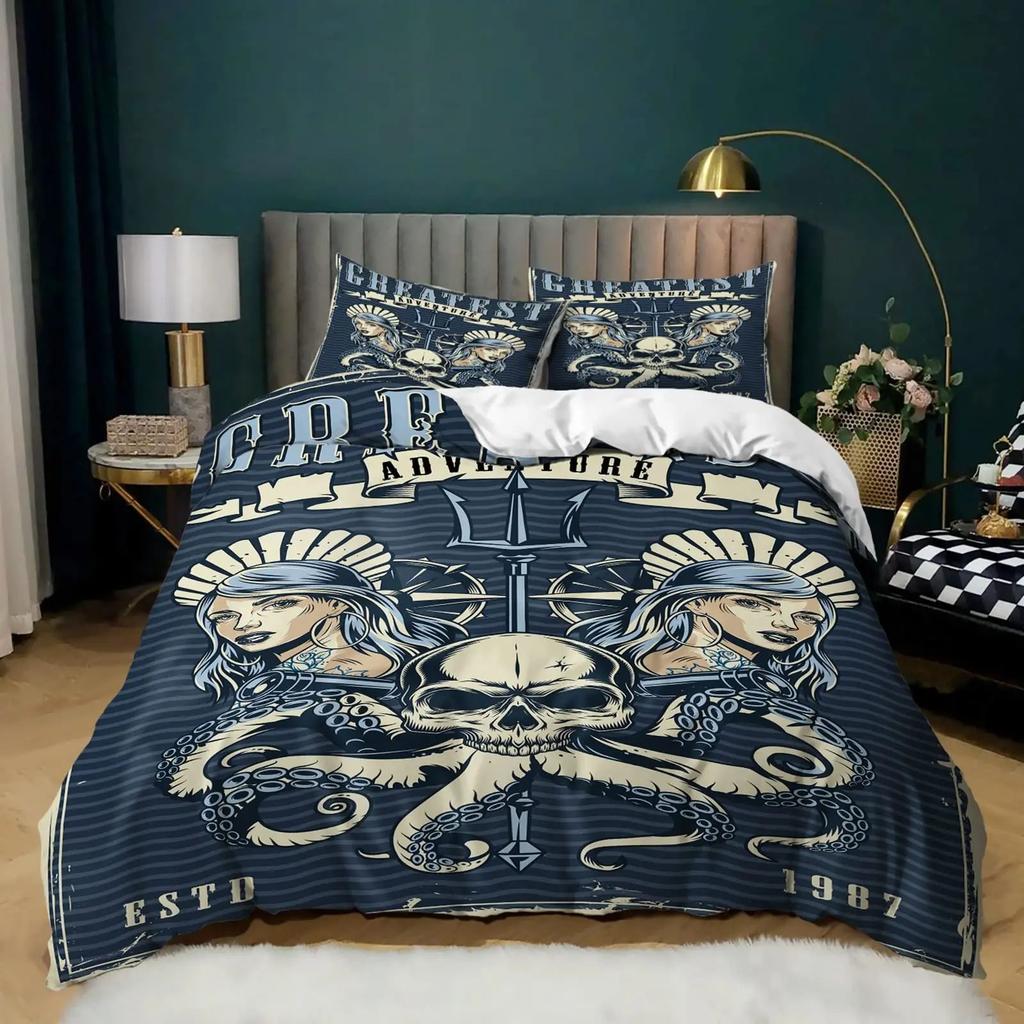 Nautical Theme Bedroom Quilt Cover Set Ocean World Printed Bedding Three-Piece Quilt Cover