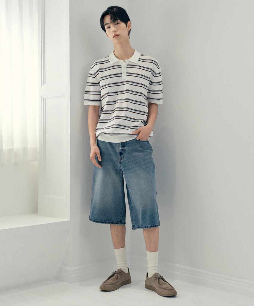 MINDBRIDGE [Couture] Washable Multi-Stripe Collared Short Sleeve Knit - 2 Colors