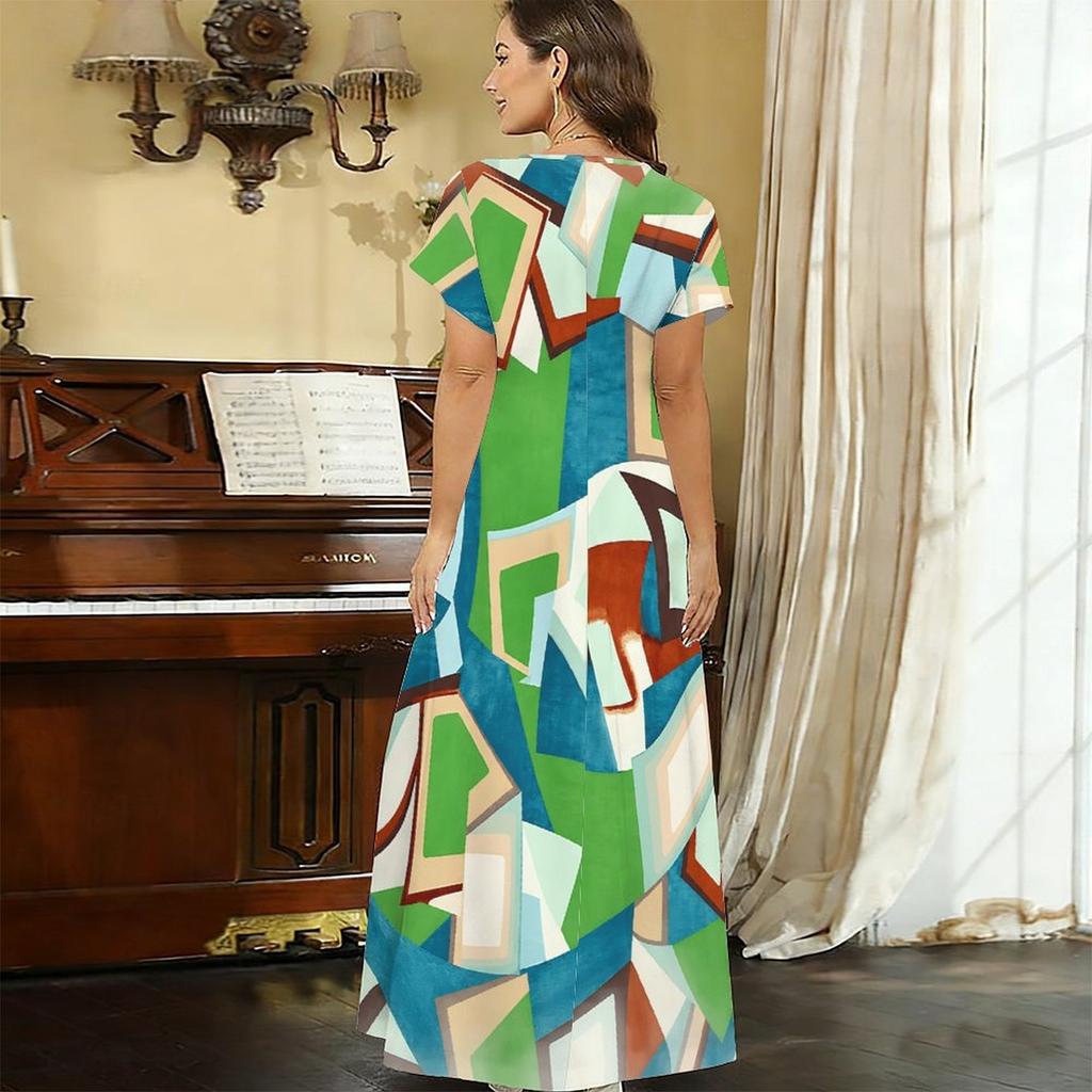 Women Plus Size V Neck Short Sleeve Geometric Printed Casual Long Dress