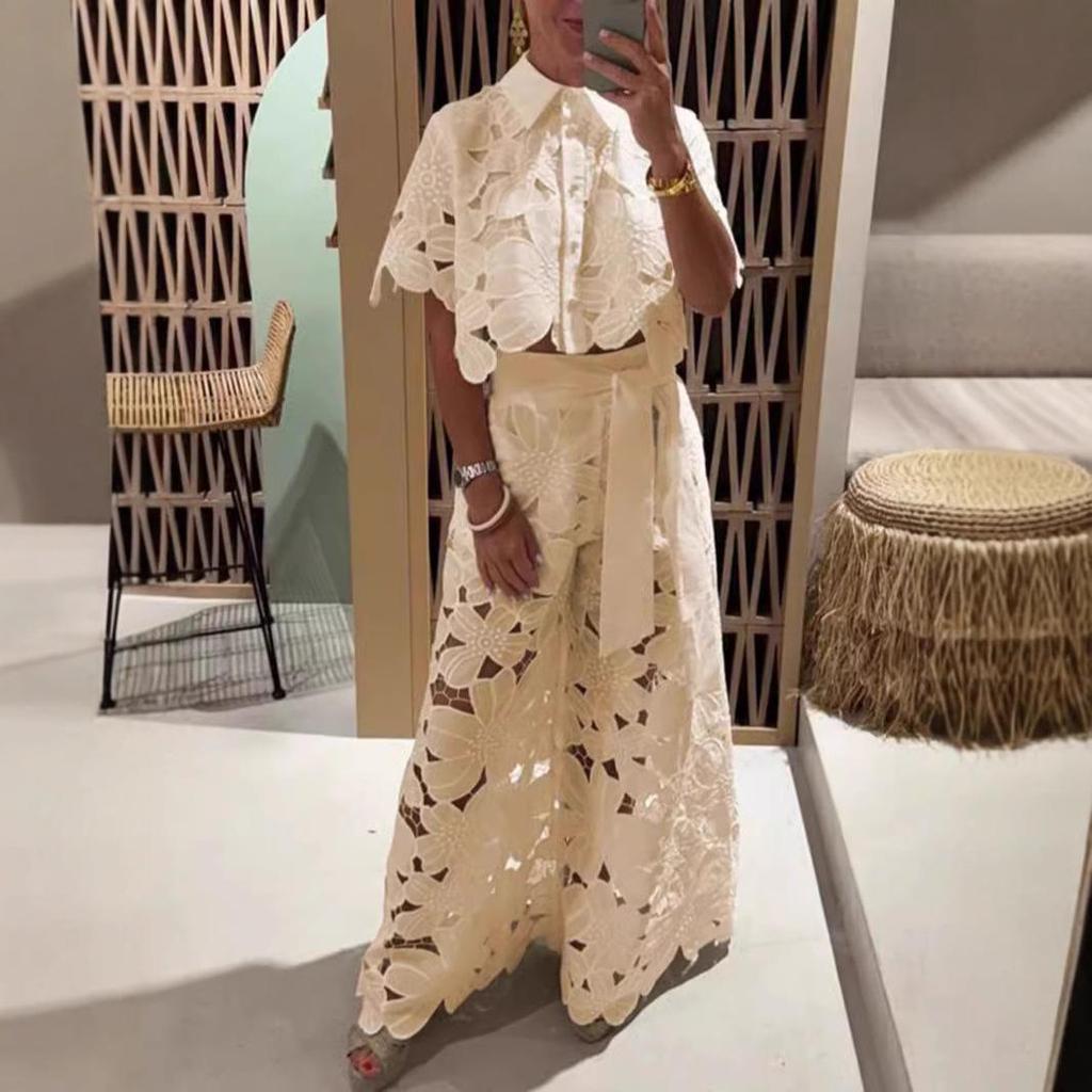 Damen Frühling Elegantes Revers Halbarm Crop Top + Weite Hose Sexy Hollow 2-teiliges Set