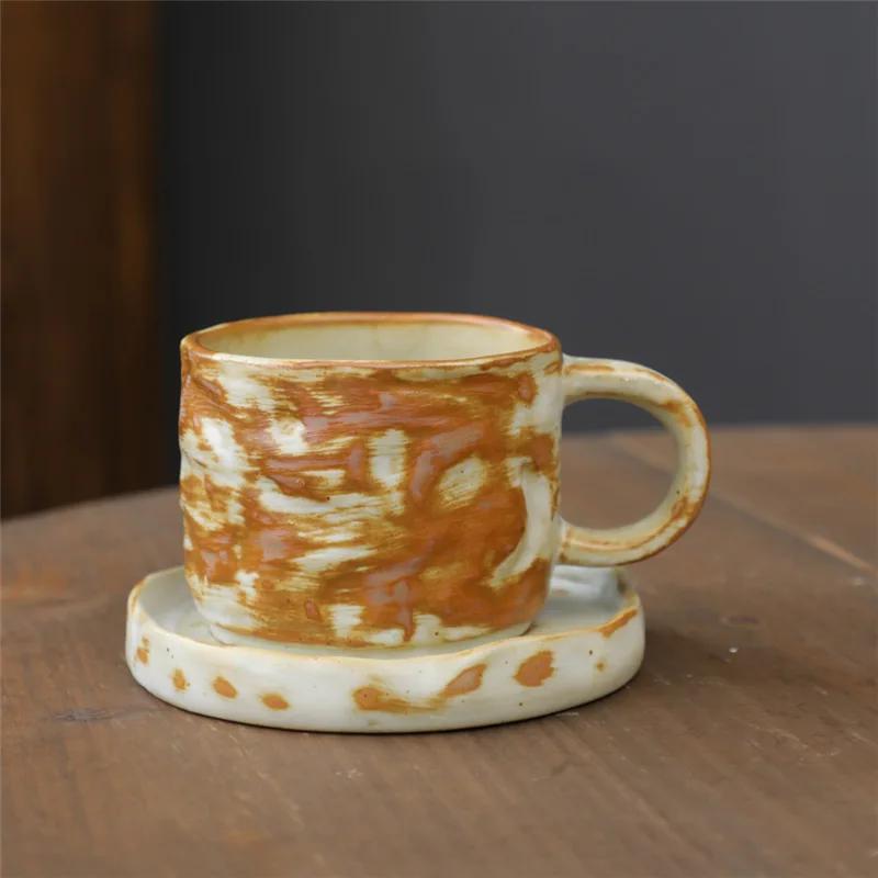 Retro Ceramic Cup Cross-border Mug Japanese Style Simple Afternoon Tea Cup Creative Coarse Pottery Coffee Cup Saucer Set