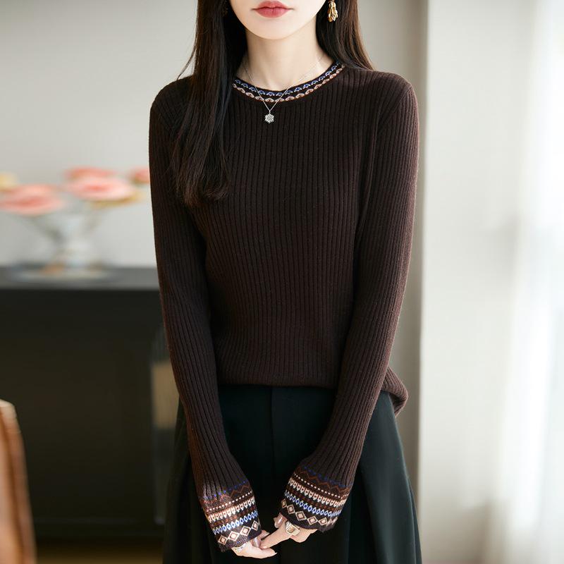Women's Ethnic Style Knitted Sweater - Autumn/Winter Ribbed, Slimming, Round Neck Base Layer