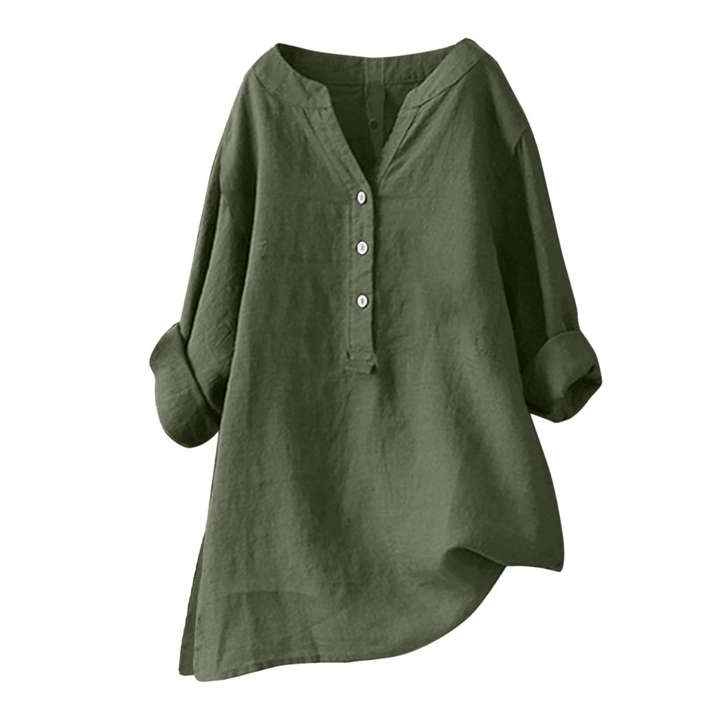 Women's Casual V-Neck Button Down Shirt Solid Color Long Sleeve Hem Split Cotton Blouse