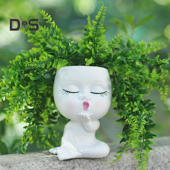 Face Planter Pot with Drainage Hole Resin Kissing Women Head Figurine Flowerpot Indoor Outdoor Plants Container Home Balcony Garden Decoration