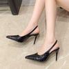 Fashion 2025 Spring and Summer New Black Patent Leather High Heels Women Slim Heel Shoes Temperament Minority Pointed Sandals
