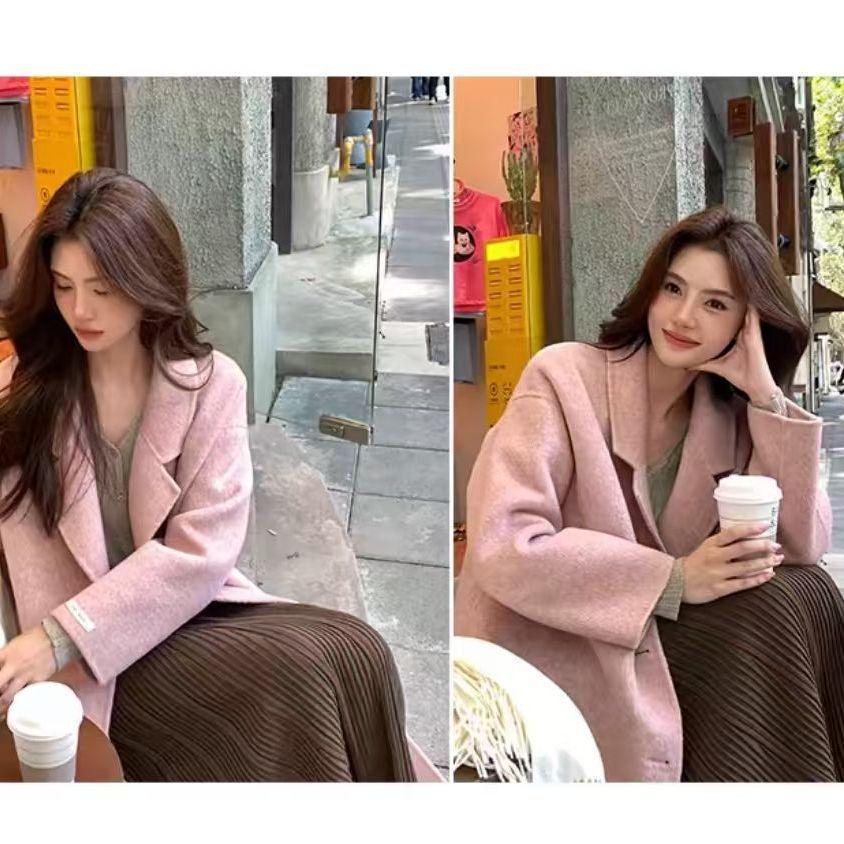 Women's Korean Style Double-Sided Wool Coat - Fashionable, Loose, Slimming, Versatile, Mid-Length, Lazy Style