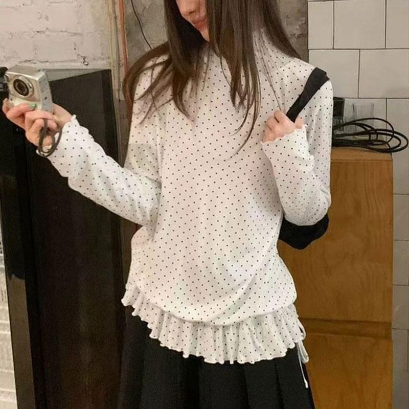Lässige Tupfenmuster Basic-Pullover Herbst Winter Fleece Halber Stehkragen Damenbekleidung Falten Stilvoller Kordelzug Koreanische T-Shirts