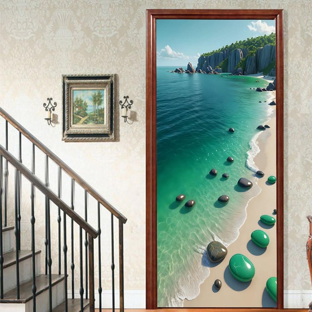 1pcs Porch Beach Scenery Shell Vinyl Door Sticker For Bedroom Home Decor Self Adhesive Removable Wall Decal Door Renovation Waterproof Poster