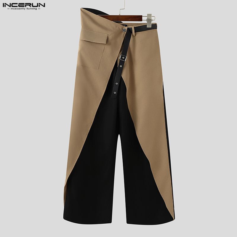 Incerun Irregular Zipup High Men Waist Patchwork Casual Long Trousers Pants
