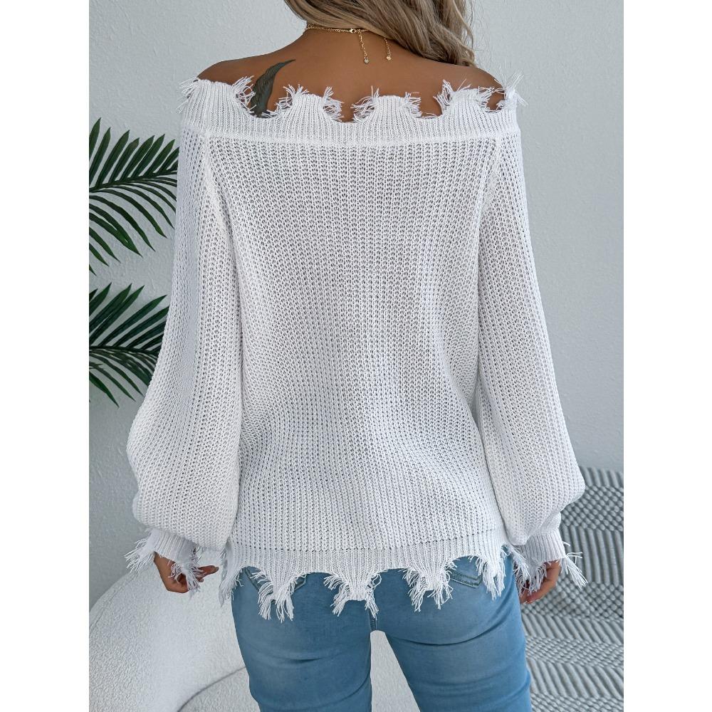 Women's Knitted Sweater for Autumn/Winter Solid Colour Lace-Up Long Sleeves Ragged Hem Off-Shoulder Pullover Loose-Fit Top