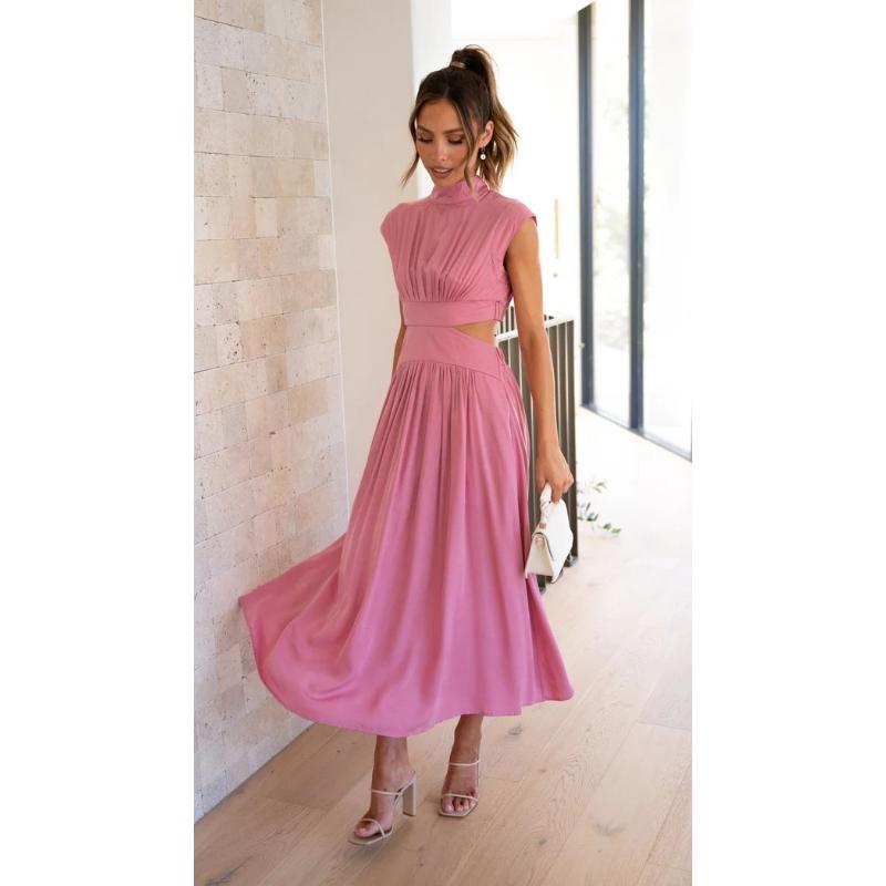 Vestido elegante para mujer, moda informal de verano, Color sólido, sin mangas, vestido sin espalda, vestido largo plisado calado Sexy para mujer