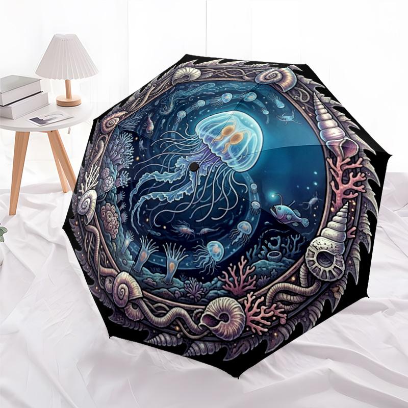 Oceanic Fantasy Circle Pattern Umbrella, Portable and Foldable Design, 8 Ribs, a Casual Accessory for Halloween, Christmas, and Birthday Gifts.