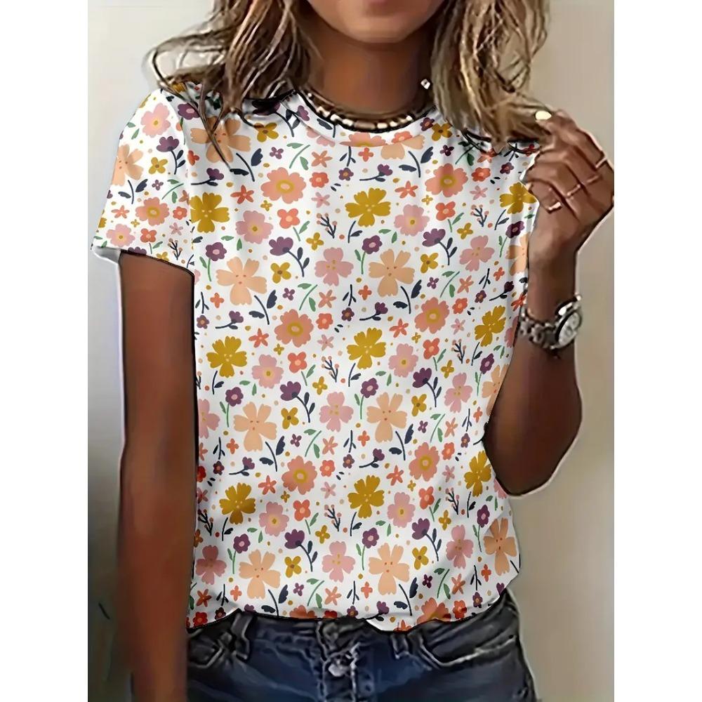 Summer Outdoor Floral Print Women's T-shirt Casual Round Neck Short Sleeve Top Street Fashion Oversize T-shirt Y2k Ladies Clothe