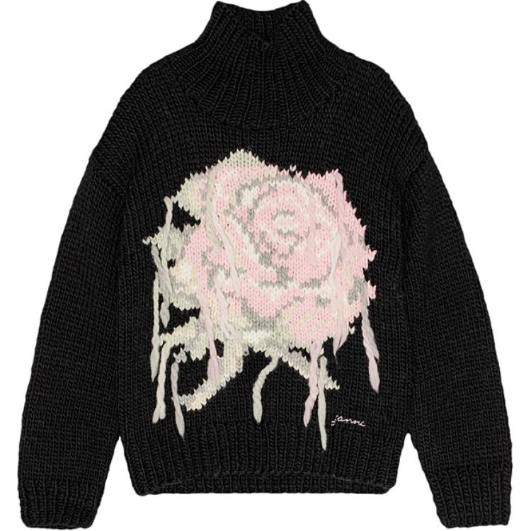 Ganni FW24 Rose Pattern Ribbed Edge Turtleneck Sweater Women sweater Black K2321099