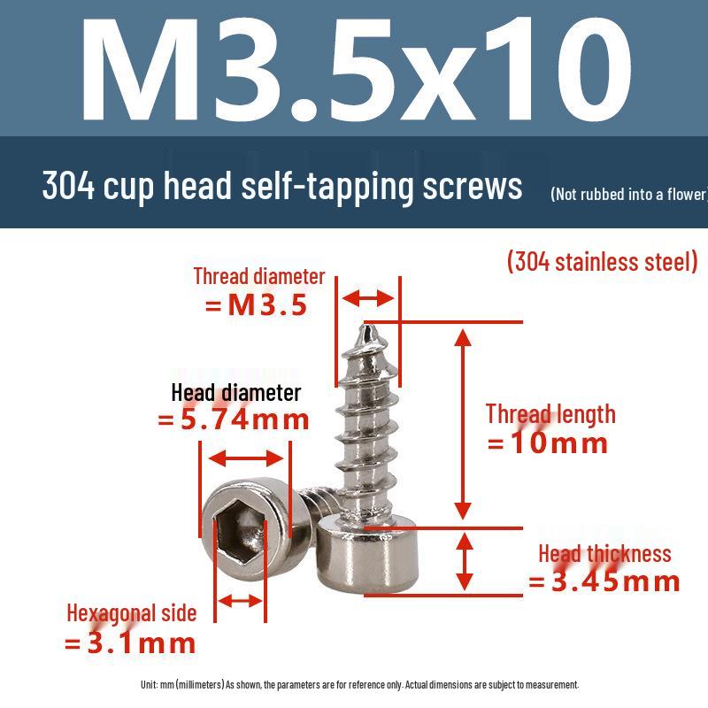 304 Pan Head Self-Tapping Coarse Thread Screw M1.7-M6 with Hex Socket