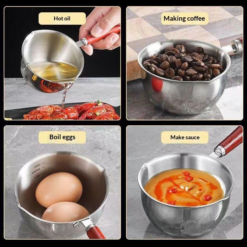 BPA Free Stainless Steel Oil Pot Fast Heating Anti-Scald Wooden Handle Dripless for Home Kitchen Seasoning Oil Pouring