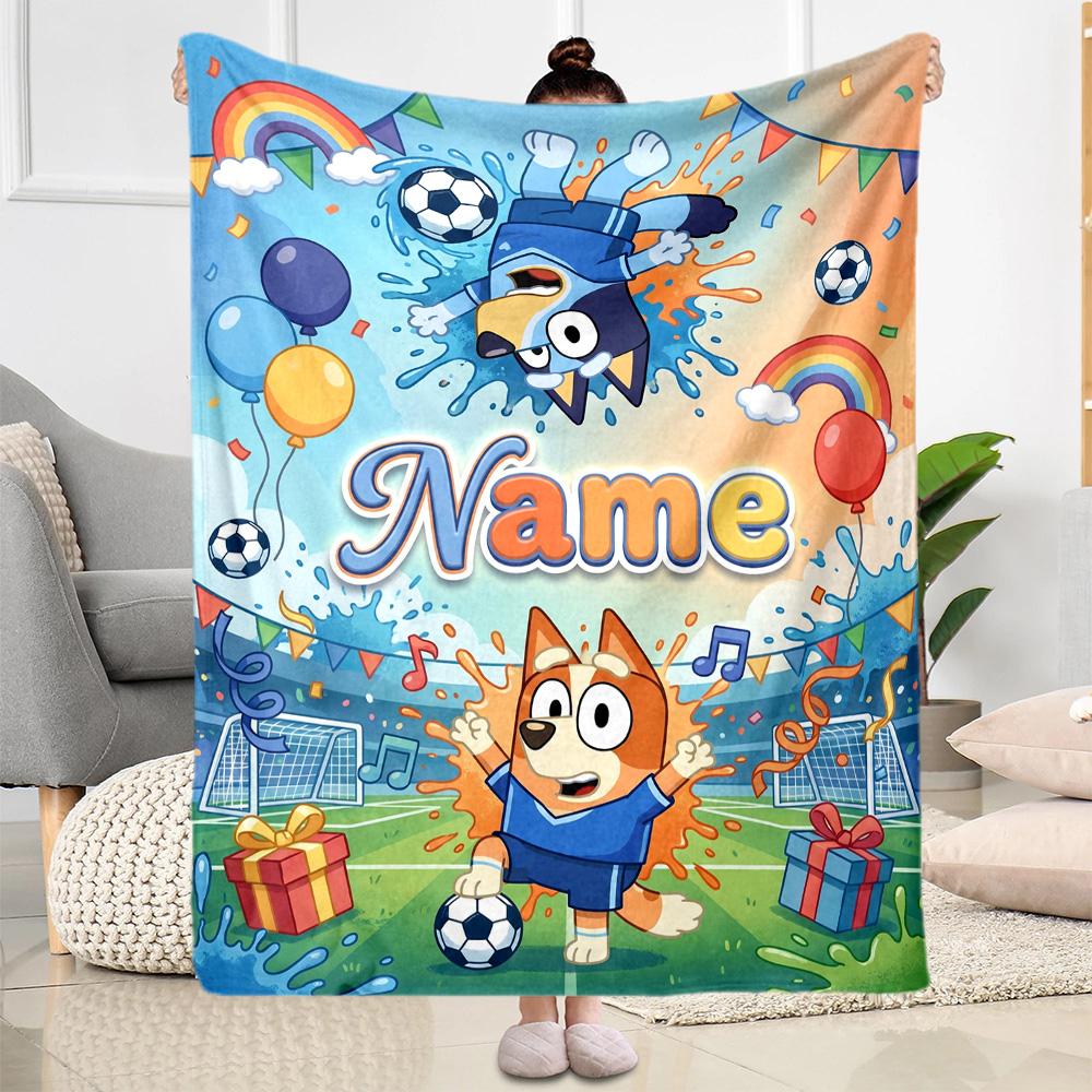 Soccer Fun Bluey Personalized Name Blanket Cozy Customizable Blanket Soft Warm Cozy for Seaside Office Picnics Couch for All Occasions