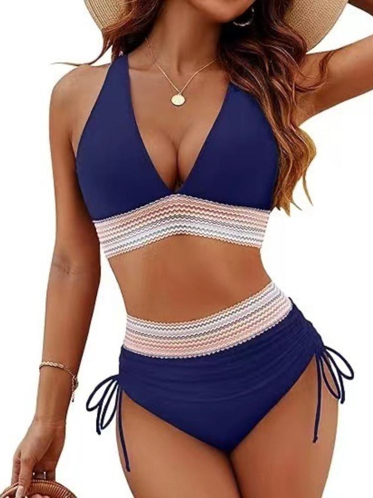 Large Size Women’s High-Waist Bikini Set, Sexy V-Neck Tankini Bathing Suit Two-Piece Drawstring Push-Up Swimwear