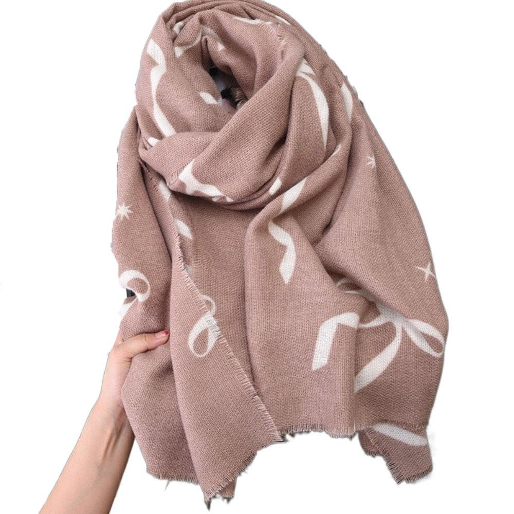 Printed Bow Wool Scarf Thicken Women Cashmere Shawl Temperament Winter Cashmere Scarves Female