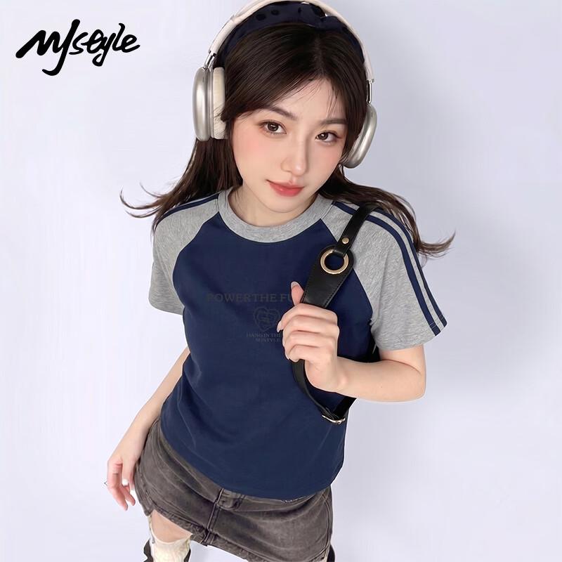 MJ STYLE Women s Retro Color-Block Striped Short Sleeve T-Shirt S