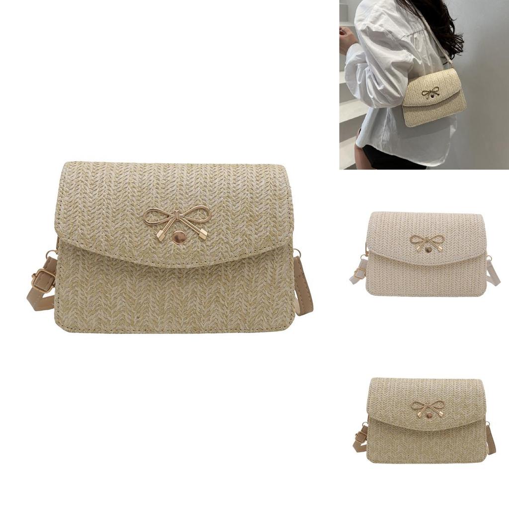 Simple Gold Bow Decoration Woven Texture Women Casual Shoulder Bag For Casual Outings