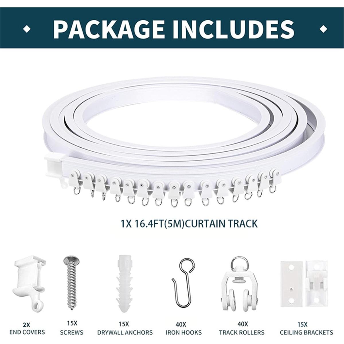 Kit șină tavan flexibilă, curbată, pentru perdele, plastic durabil cu multiple cârlige pentru perdele de separare a camerei, șină tavan RV F 5Meters(16.4FT) alb