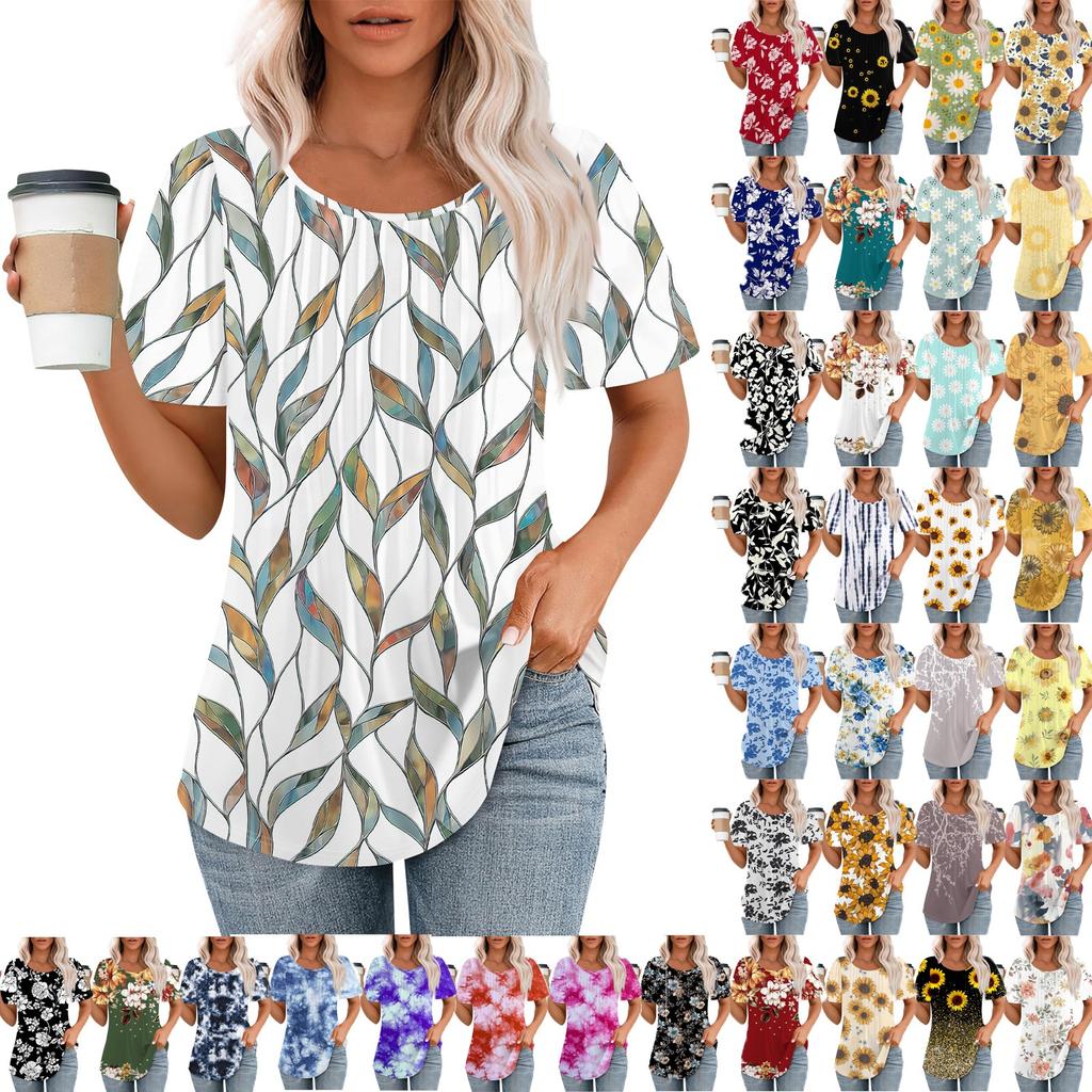 Women's Summer Fashion Casual Pleated Round Neck Print Short Sleeve T-Shirt Top